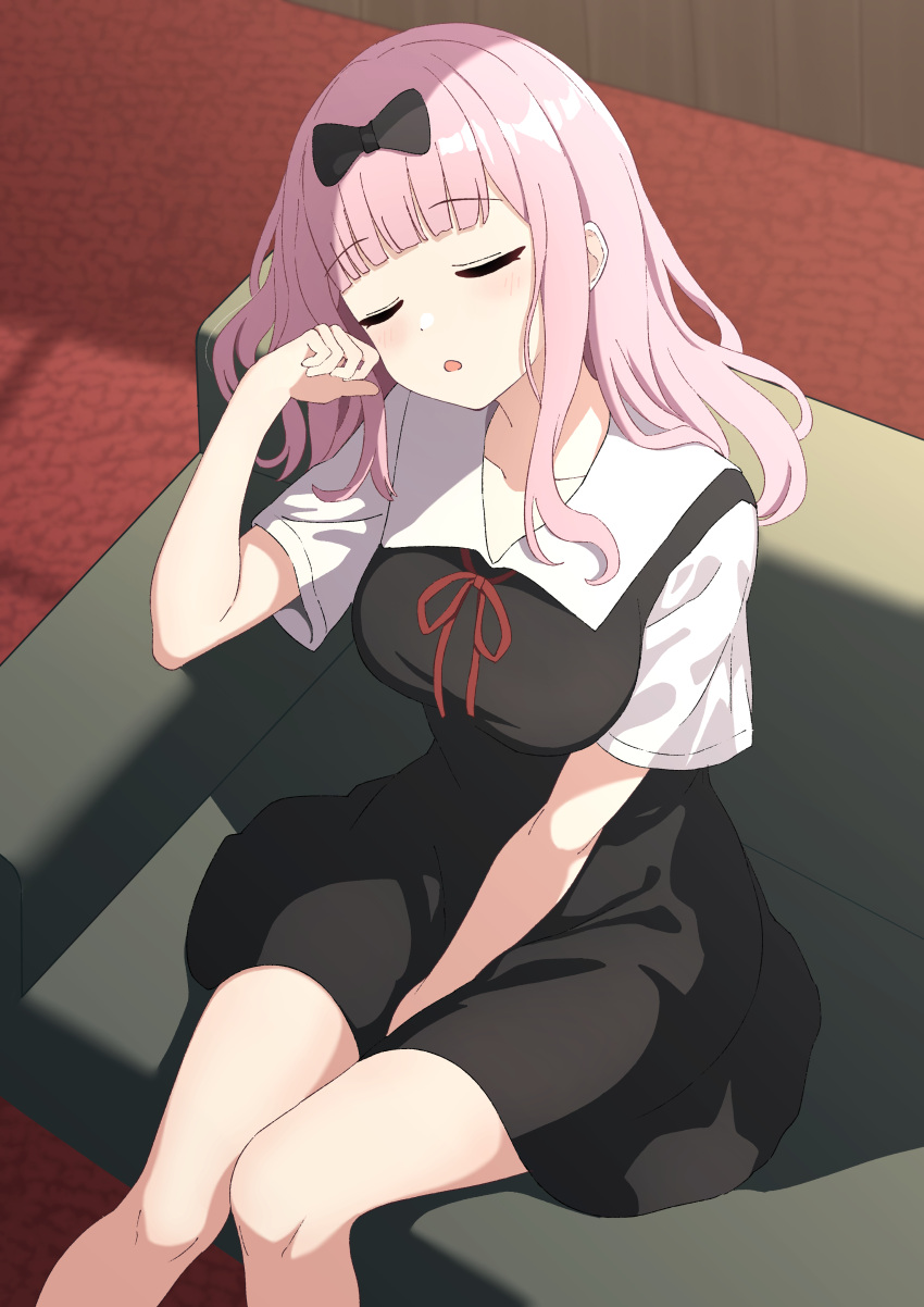 1girl absurdres arm_behind_leg black_bow black_dress blunt_bangs bow breasts carpet closed_eyes collared_dress commentary_request couch dot_nose dress feet_out_of_frame fujiwara_chika hair_bow highres indoors kaguya-sama_wa_kokurasetai_~tensai-tachi_no_renai_zunousen~ large_breasts light_blush long_hair on_couch open_mouth partial_commentary pink_hair pogeepoge red_ribbon ribbon school_uniform short_sleeves shuuchiin_academy_school_uniform sitting sleeping solo summer_uniform window_shade