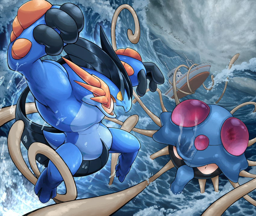 2023 3_fingers absurd_res ambiguous_gender anthro black_body blue_body boat dated digital_drawing_(artwork) digital_media_(artwork) duo feral fight fingers generation_1_pokemon hi_res katkichi mega_evolution mega_swampert nintendo orange_body pokemon pokemon_(species) red_body sea ship signature storm tentacle_grab tentacles tentacruel vehicle water watercraft wave yellow_sclera