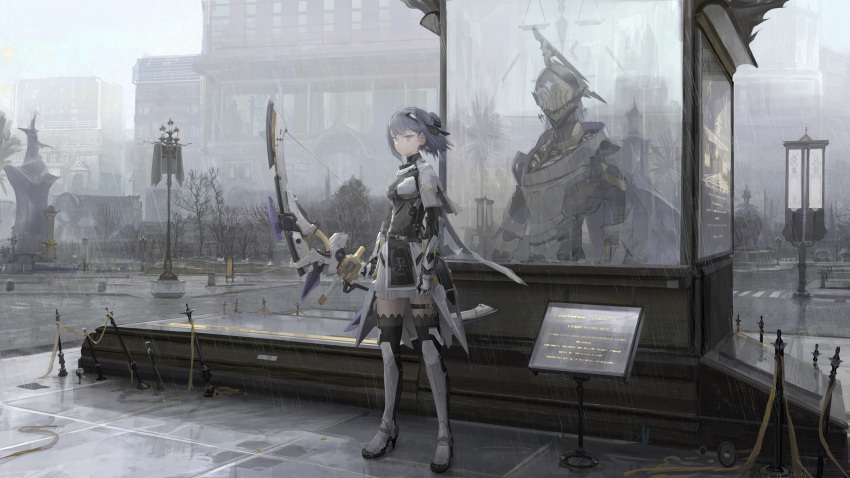 1girl absurdres black_thighhighs bow_(weapon) breasts building cross cross_earrings earrings echo_(punishing:_gray_raven) grey_eyes high_heels highres holding holding_bow_(weapon) holding_weapon jewelry joints looking_at_viewer mechanical_arms medium_breasts outdoors paindude punishing:_gray_raven purple_hair robot_joints short_hair solo standing thigh_strap thighhighs weapon