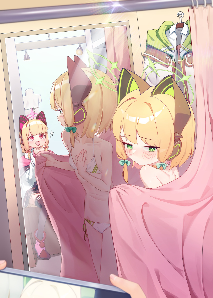 2girls absurdres animal_ear_headphones animal_ears bikini black_thighhighs blonde_hair blue_archive blue_bow blush bow cat_ear_headphones collarbone fake_animal_ears green_eyes hair_bow halo headphones highres indoors jacket jacket_removed long_sleeves looking_at_another looking_back midori_(blue_archive) mirror momoi_(blue_archive) multiple_girls navel open_mouth pink_bow pink_eyes reflection siblings side-tie_bikini_bottom sisters sitting swimsuit thighhighs white_bikini white_jacket whonyang