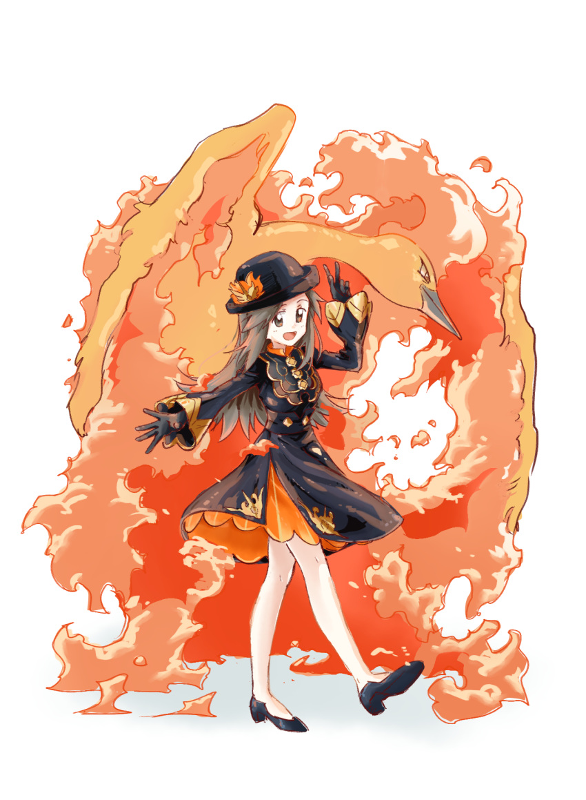 1girl black_gloves brown_eyes brown_hair dress fire gloves hat high_heels highres leaf_(champion)_(pokemon) leaf_(pokemon) long_hair moltres official_alternate_costume open_mouth pantyhose pokemon pokemon_(creature) pokemon_(game) pokemon_masters_ex simple_background u4_99384295 v white_background white_pantyhose