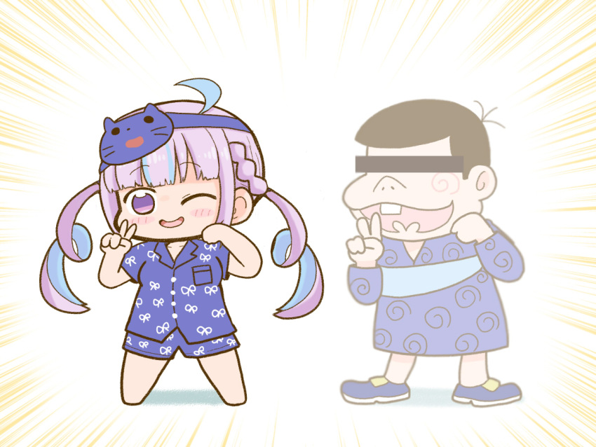 1boy 1girl ahoge blue_hair blue_headband blue_shirt blue_shorts braid buck_teeth censored character_request chibi colored_inner_hair commentary_request drill_hair emphasis_lines headband hololive identity_censor matarou_(matarou072) minato_aqua multicolored_hair one_eye_closed osomatsu-kun pink_hair purple_eyes shirt shorts smile streaked_hair teeth twin_drills two-tone_hair v virtual_youtuber