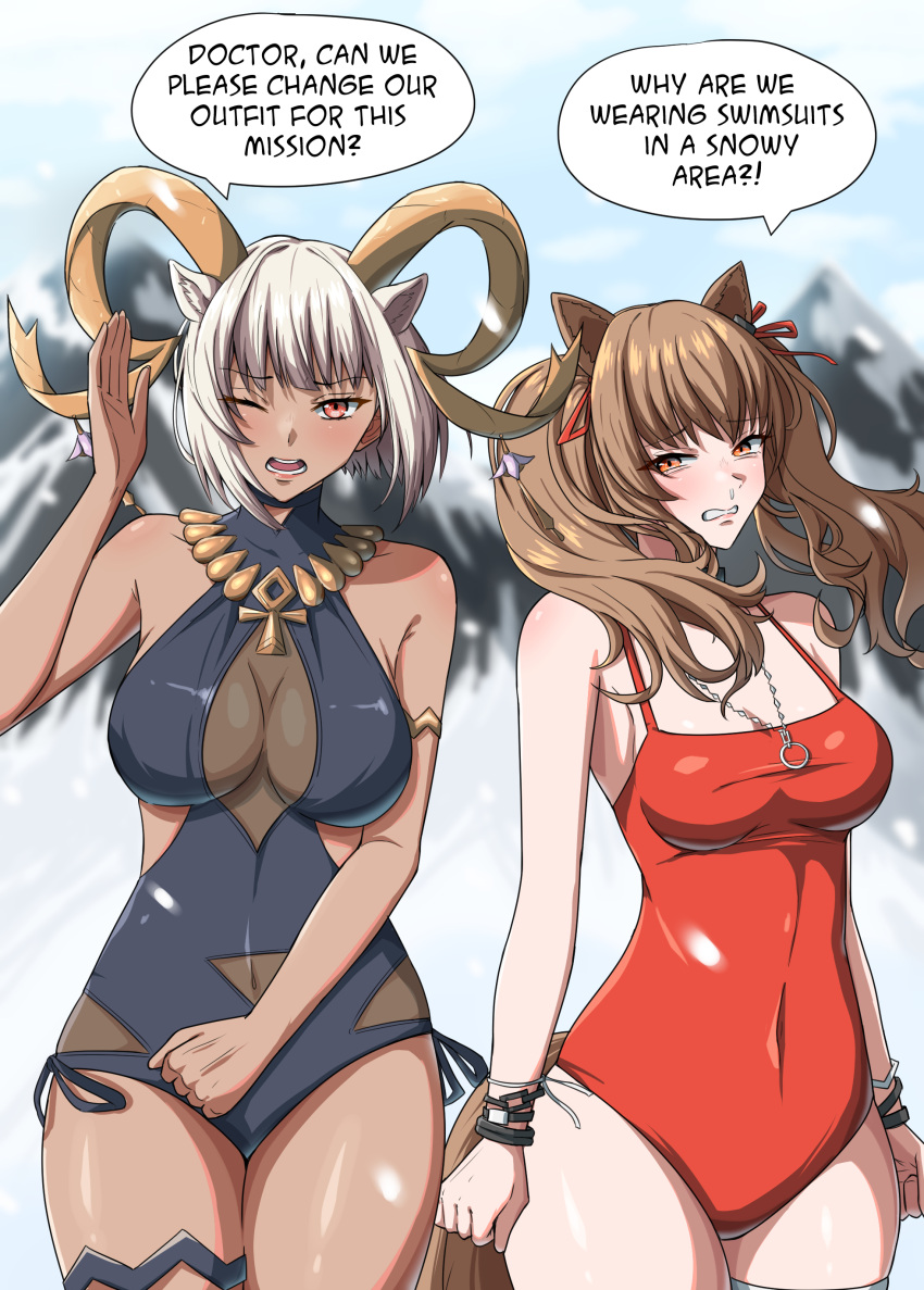 2girls absurdres angelina_(arknights) angelina_(summer_flower)_(arknights) animal_ears arknights black_one-piece_swimsuit bracelet breasts brown_hair carnelian_(arknights) carnelian_(shimmering_dew)_(arknights) clenched_hand commentary covered_navel english_commentary english_text fox_ears fox_girl fox_tail goat_ears goat_girl goat_horns highres horns jewelry large_breasts multiple_girls necklace official_alternate_costume one-piece_swimsuit one_eye_closed open_mouth outdoors red_eyes red_one-piece_swimsuit speech_bubble swimsuit symmetricturd tail white_hair yellow_eyes