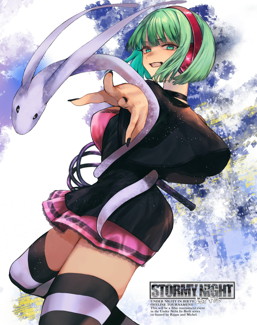 1girl absurdres breasts choker cropped_jacket english_text green_eyes green_hair headphones highres holding holding_whip kojima_(blue_stardust) leggings light_green_hair looking_at_viewer meuniel multicolored_clothes multicolored_legwear phonon_(under_night_in-birth) short_hair skirt smile snake solo striped striped_leggings under_night_in-birth under_night_in-birth_exe:late[st] whip wireless