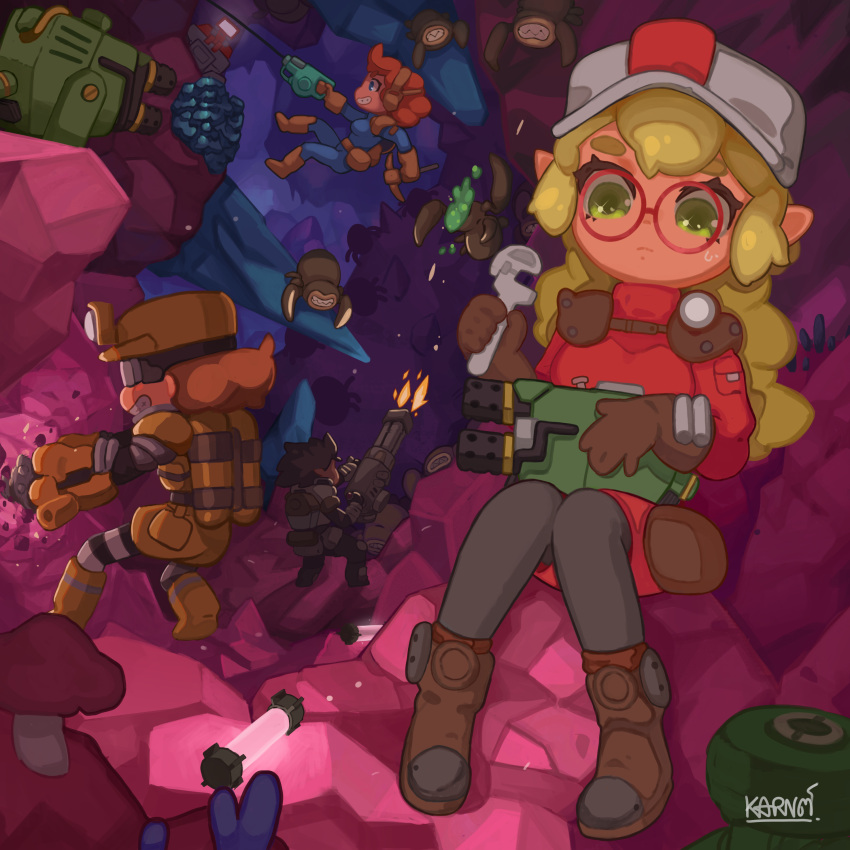 absurdres blonde_hair blood cave death deep_rock_galactic drill_hand driller_(deep_rock_galactic) engineer_(deep_rock_galactic) firing gatling_gun glasses glyphid_grunt goggles grappling_hook gunner_(deep_rock_galactic) hat headset highres karnhooo long_hair minigun mule_(deep_rock_galactic) pickaxe scout_(deep_rock_galactic) turret wrench