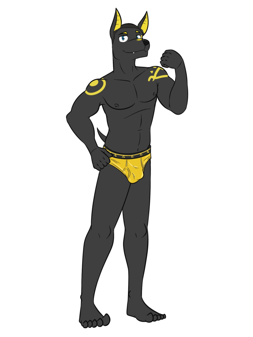 adastra adastra_(series) anthro anubian_jackal briefs briefs_only bulge canid canine canis clothed clothing detailed_bulge echo_project full-length_portrait fuze hi_res jackal male mammal navel neferu_(adastra) nipples portrait simple_background solo topless underwear underwear_only white_background yellow_briefs yellow_clothing yellow_underwear