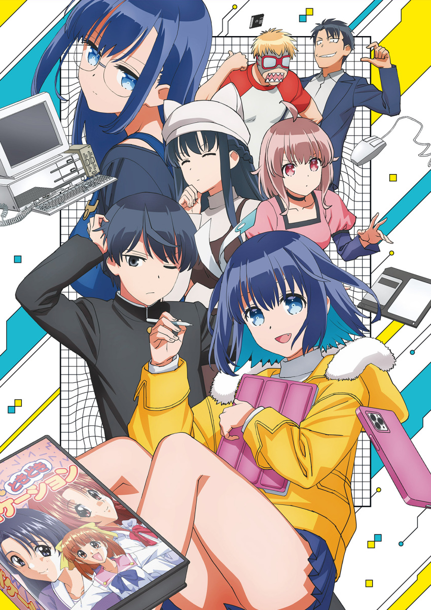 16bit_sensation akisato_konoha black_choker black_hair blonde_hair blue_eyes blue_hair blue_jacket blue_overalls blue_skirt cellphone choker closed_eyes cover desktop fang floppy_disk fur-trimmed_jacket fur_trim gakuran glasses gomikawa_kiyoshi grey_skirt highres holding holding_pen holding_tablet_pc hood hooded_jacket jacket key_visual long_hair long_sleeves mask mouse_(computer) official_art overalls pen phone pink_eyes pink_hair promotional_art rimless_eyewear rokuta_mamoru rokuta_masaru school_uniform shimada_kaori_(16bit_sensation) shirt short_hair skirt smartphone t-shirt tablet_pc uehara_meiko video_game_cover white_headwear yamada_touya yellow_jacket