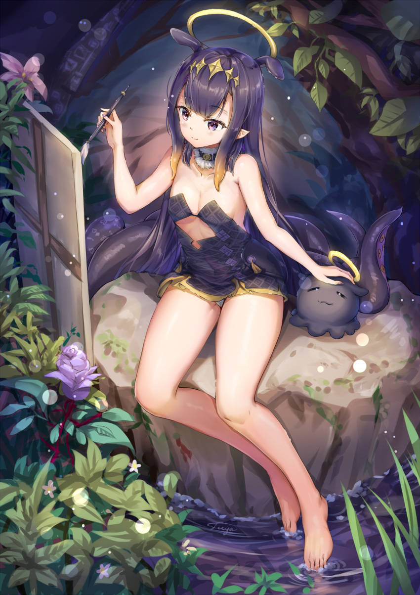 1girl :3 artist_name bare_shoulders barefoot black_choker black_dress blunt_bangs blush breasts canvas_(object) center-flap_bangs choker cleavage closed_eyes closed_mouth collarbone commentary dress english_commentary eyelashes feet fii_fii_(feefeeowo) flower full_body fur-trimmed_choker fur_trim gradient_hair grass halo hand_up headphones highres holding holding_paintbrush hololive hololive_english leaf lens_flare light_particles long_hair multicolored_hair ninomae_ina'nis ninomae_ina'nis_(1st_costume) orange_hair paintbrush panties pantyshot pink_flower plant pointy_ears purple_eyes purple_flower purple_hair rock shiny_skin short_dress sidelocks signature sitting small_breasts smile strapless strapless_dress takodachi_(ninomae_ina'nis) tassel tentacle_hair tentacles thighs tube_dress underwear very_long_hair vines virtual_youtuber water white_flower white_panties