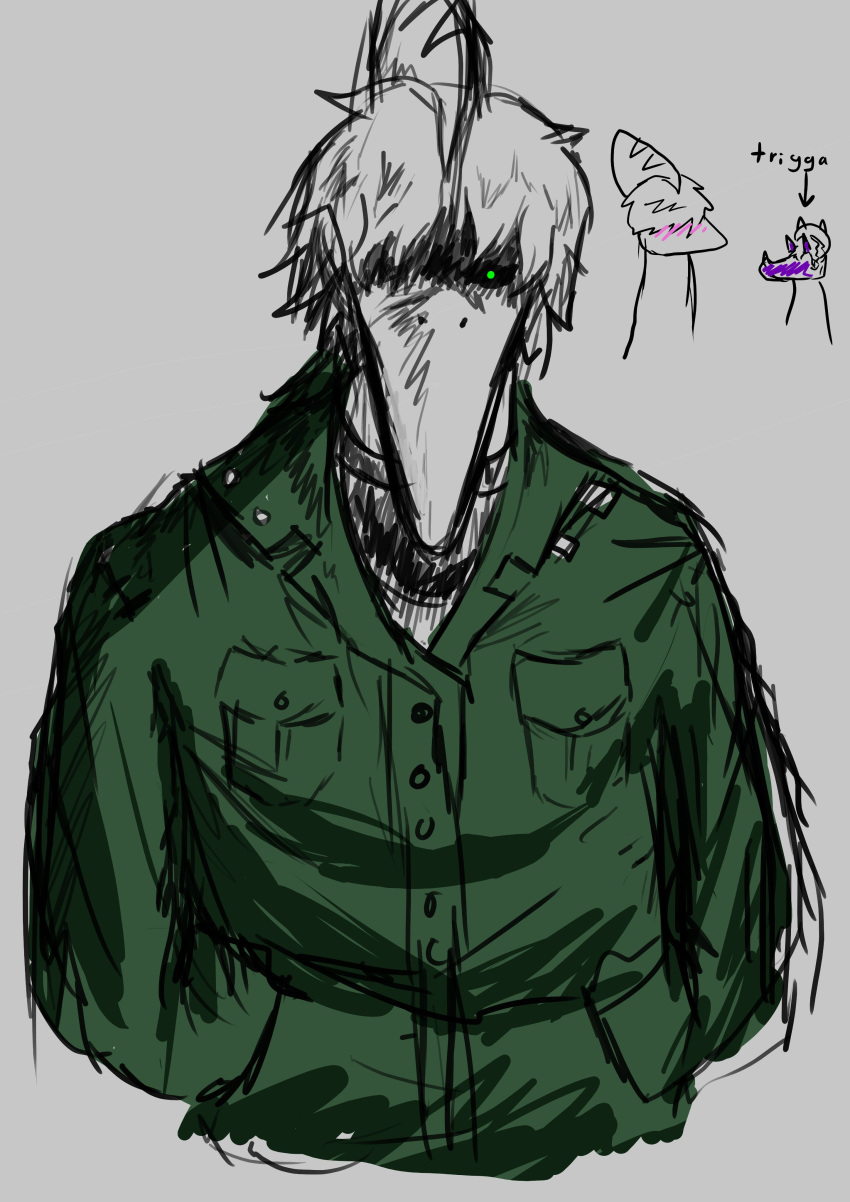 2023 3_horns absurd_res anthro blush ceratopsian clothing digital_drawing_(artwork) digital_media_(artwork) dinosaur duo fan_character frill_(anatomy) green_(snoot_game) green_eyes grey_background hair hand_in_pocket head_crest hi_res horn jacket long_snout looking_at_viewer male multi_horn ornithischian pockets pterodactylus pterosaur reptile sakamtosng scalie short_hair simple_background snoot_game snout topwear triceratops