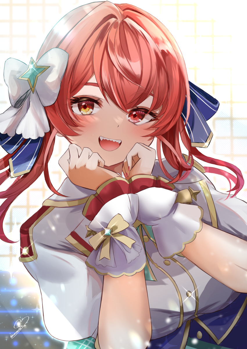 1girl blush corona519 hair_ornament hair_ribbon heterochromia highres hololive hololive_idol_uniform_(bright) houshou_marine idol_clothes long_hair looking_at_viewer nail_polish open_mouth red_eyes red_hair red_nails ribbon shirt smile solo virtual_youtuber white_shirt wrist_cuffs yellow_eyes