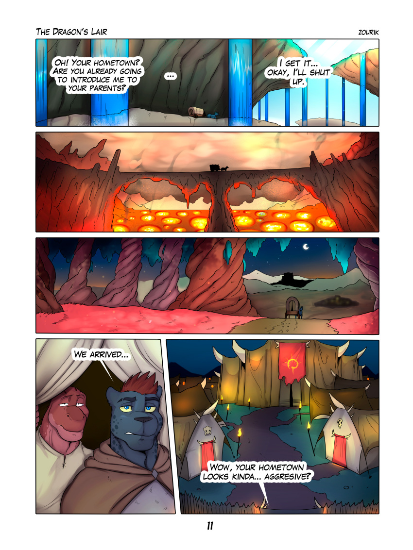 absurd_res anthro cape clothed clothing comic desert dragon duo felid hi_res horse_carriage lava male mammal night pantherine red_dragon_(zourik) roy_(zourik) spikes tent waterfall wingless_dragon zourik