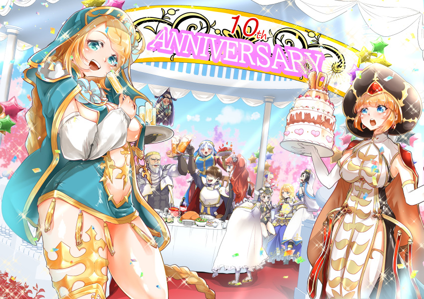 2boys 6+girls :d ^_^ absurdres aix_(sennen_sensou_aigis) alcohol anniversary aqua_eyes armor armored_boots beer beer_mug blonde_hair blue_eyes blush boots braid braided_bangs breast_curtains breastplate cake cape center_opening champagne_flute chicken_(food) closed_eyes commentary confetti cup detached_sleeves dress drink drinking_glass earrings eating elbow_gloves erett_(sennen_sensou_aigis) ertel_(sennen_sensou_aigis) fermi_(sennen_sensou_aigis) fish_(food) flamel_(sennen_sensou_aigis) food fruit glass_bottle gloves gold_trim green_cape green_dress green_veil hair_over_eyes hat heart highres holding holding_cup holding_drink holding_plate holding_tray jewelry lapis_(sennen_sensou_aigis) layer_cake lime_(fruit) lime_slice long_hair looking_at_another looking_at_viewer lucia_(sennen_sensou_aigis) momari3 mug multiple_boys multiple_girls nicholas_(sennen_sensou_aigis) party plate plate_stack prince_(sennen_sensou_aigis) red_carpet red_hair salad salad_bowl sennen_sensou_aigis sera_(sennen_sensou_aigis) sleeveless sleeveless_dress smile sparkle tassel teapot teeth thighhighs thighs toasting_(gesture) tray tuda_(sennen_sensou_aigis) upper_teeth_only upside-down veil very_long_hair white_gloves white_thighhighs
