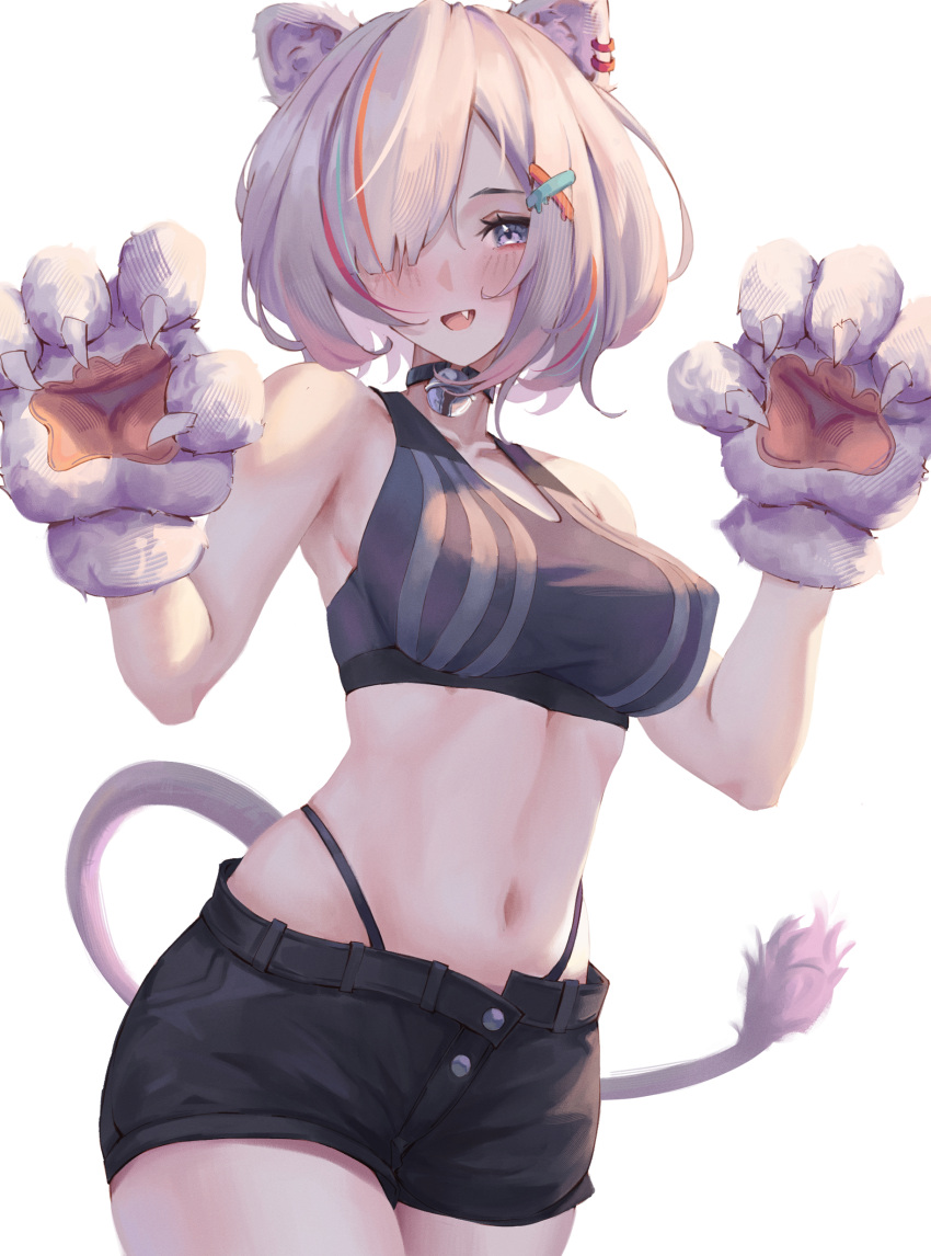 1girl absurdres animal_ears animal_hands bare_shoulders bell black_shorts breasts choker covered_nipples cowboy_shot earrings fang gloves grey_eyes grey_hair hair_ornament hairclip hands_up highleg highleg_panties highres hololive jewelry large_breasts lion_ears lion_girl lion_tail looking_at_viewer medium_hair midriff navel neck_bell open_mouth panties paw_gloves revil0l shishiro_botan short_shorts shorts simple_background smile solo sports_bra tail underwear virtual_youtuber white_background