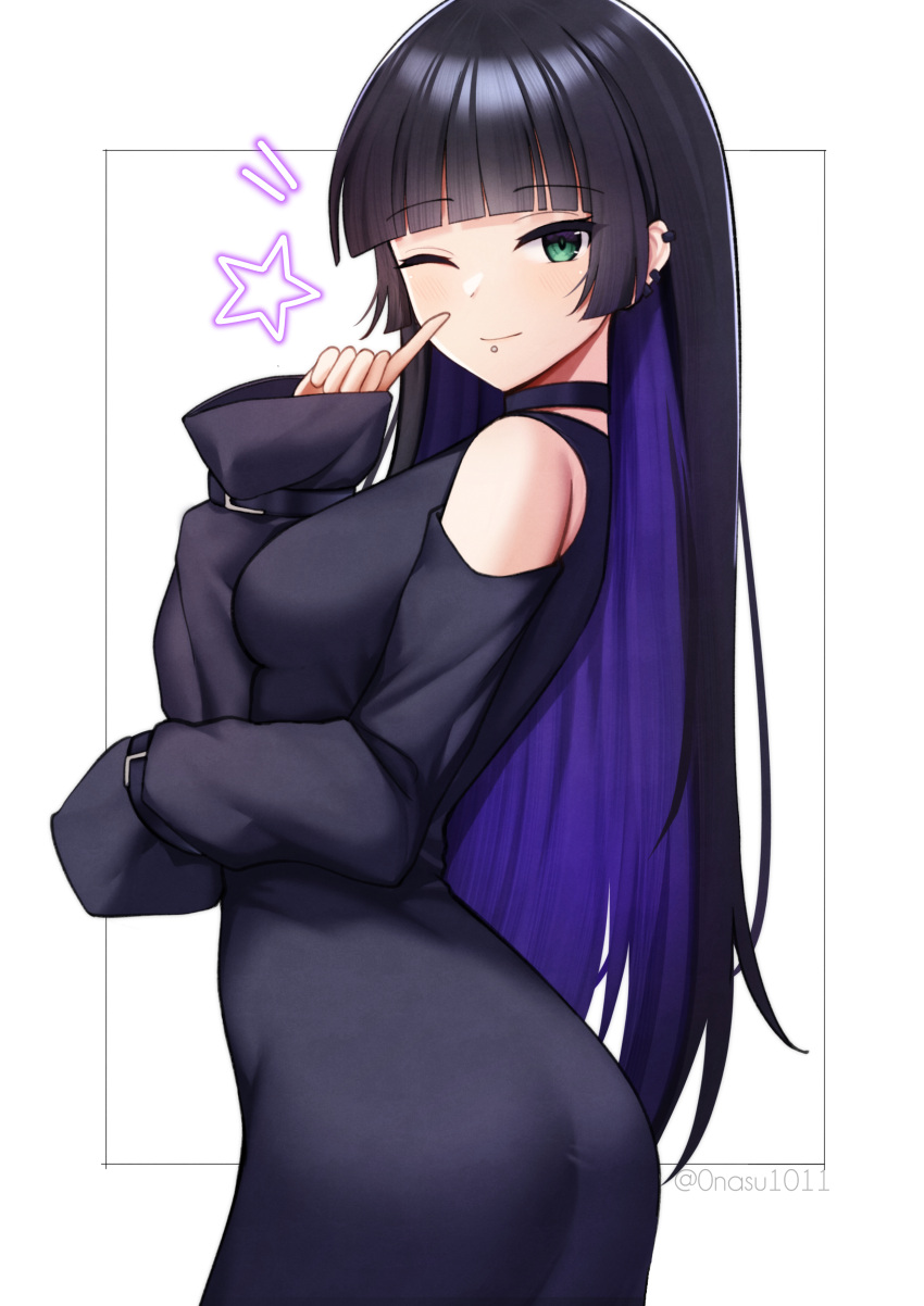 1girl ;) absurdres ass black_choker black_dress black_hair blunt_bangs bocchi_the_rock! chin_piercing choker clothing_cutout dress ear_piercing earrings from_side green_eyes highres index_finger_raised jewelry long_hair looking_at_viewer multicolored_hair multiple_piercings nassss one_eye_closed pa-san piercing pointing pointing_at_self purple_hair shoulder_cutout single_bare_shoulder sleeves_past_wrists smile solo star_(symbol) twitter_username two-tone_hair