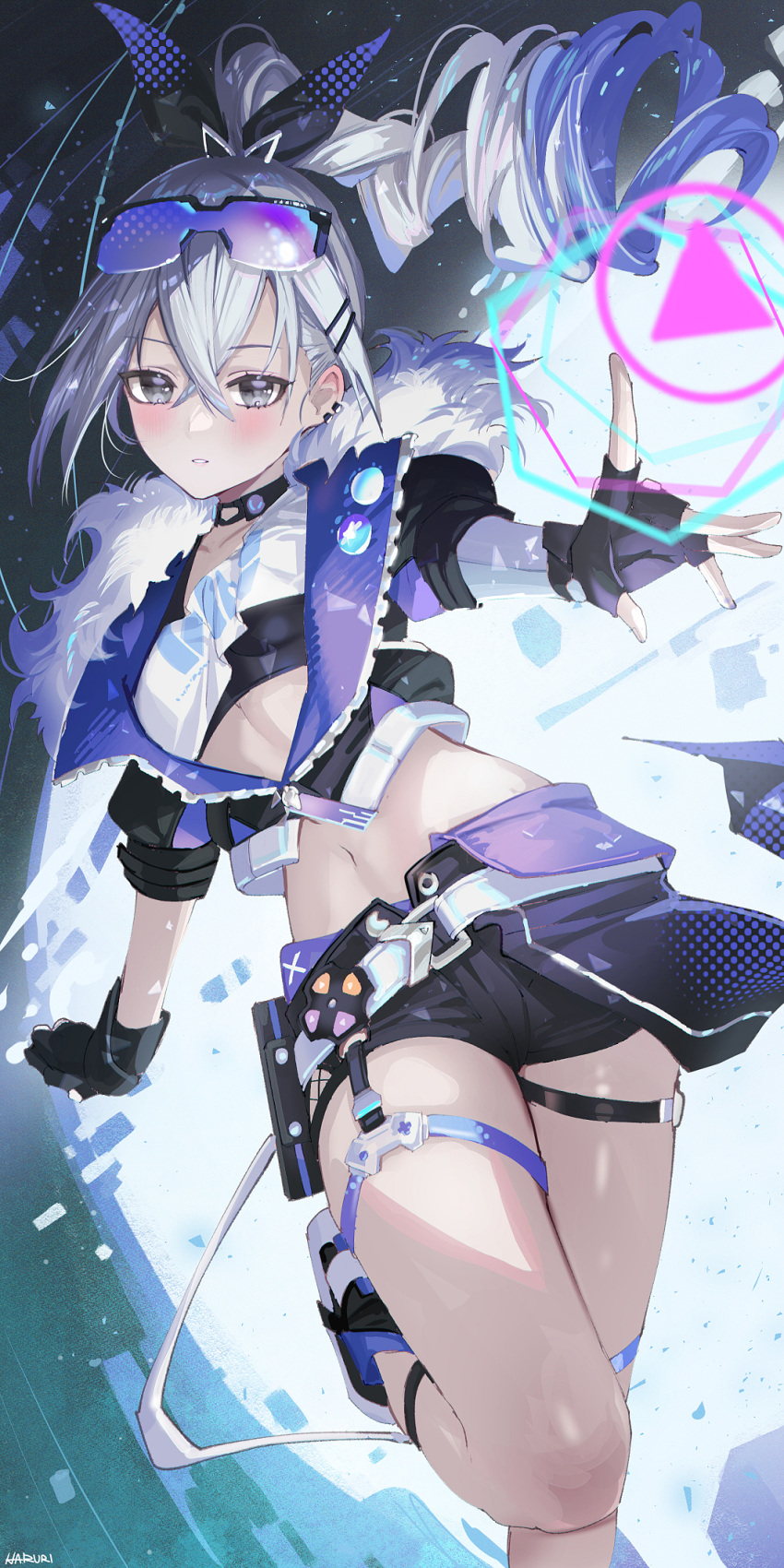 1girl black_gloves black_jacket black_ribbon black_shorts blue_hair blush breasts commentary_request cropped_jacket ear_piercing fingerless_gloves floating_hair fur-trimmed_jacket fur_trim gloves goggles goggles_on_head grey_eyes grey_hair hair_between_eyes hair_ornament hair_ribbon hairclip haruri highres honkai:_star_rail honkai_(series) jacket long_hair medium_breasts navel open_clothes open_jacket outstretched_arm parted_lips piercing ponytail puffy_short_sleeves puffy_sleeves ribbon ringlets short_shorts short_sleeves shorts silver_wolf_(honkai:_star_rail) skindentation solo standing standing_on_one_leg thigh_strap