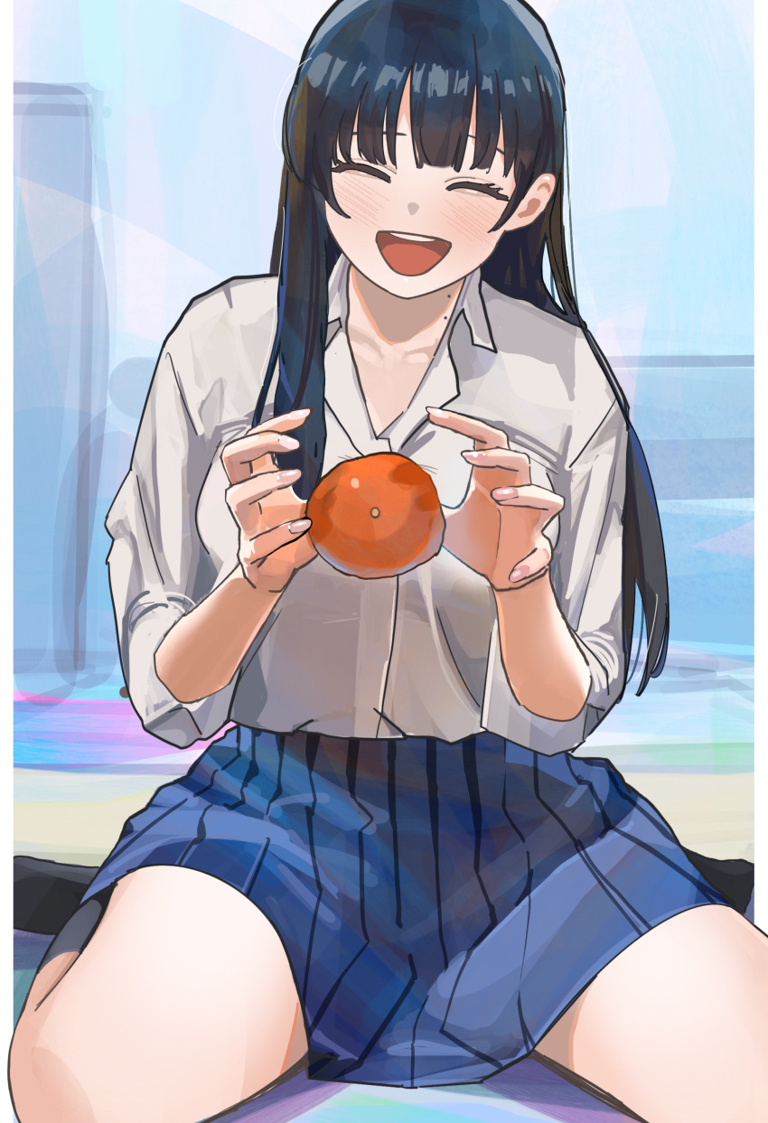 1girl ^_^ absurdres black_hair black_socks blue_skirt blush boku_no_kokoro_no_yabai_yatsu closed_eyes collarbone food fruit highres indoors levitating_orange magic_trick mandarin_orange mole mole_on_neck open_collar optical_illusion pleated_skirt shirt sitting skirt smile socks solo strapless thighs wariza white_shirt yamada_anna yu_ni_taro