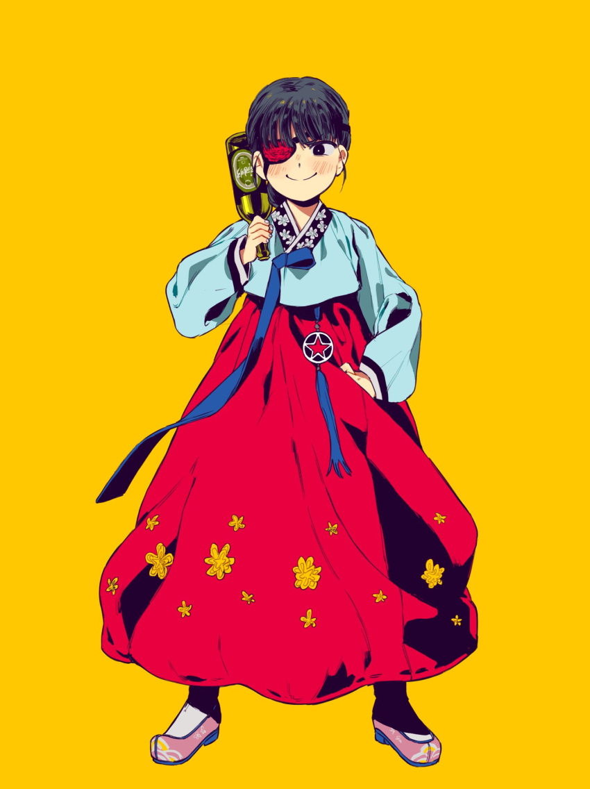 1girl alcohol black_hair blush braid dress eyepatch hanbok highres korean_clothes liquor long_skirt nanimonothing north_korea original shoes skirt star_(symbol)