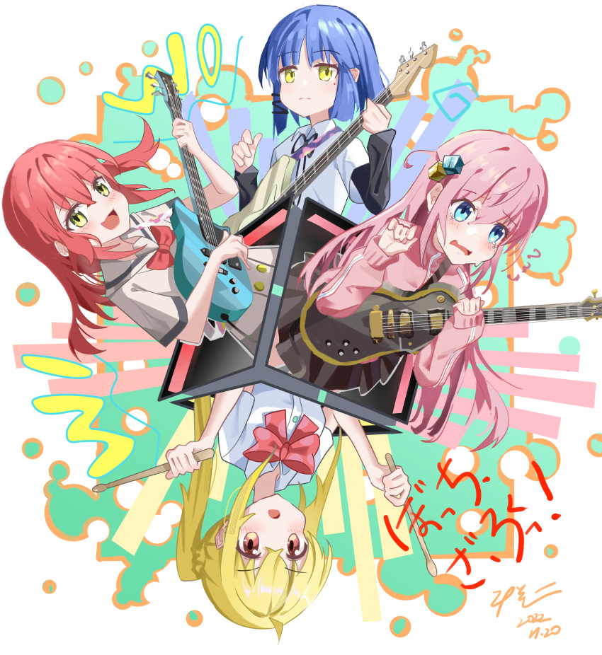 4girls absurdres blonde_hair blue_eyes blue_hair bocchi_the_rock! collared_shirt commentary_request copyright_name cube_hair_ornament dated drumsticks electric_guitar gotoh_hitori guitar hair_ornament hands_up highres holding holding_drumsticks ijichi_nijika instrument jacket kanshio kita_ikuyo long_hair long_sleeves looking_at_viewer mole mole_under_eye multiple_girls music one_side_up open_mouth pink_hair pink_jacket playing_instrument red_hair red_ribbon ribbon shirt short_hair short_sleeves smile twintails white_shirt yamada_ryo yellow_eyes