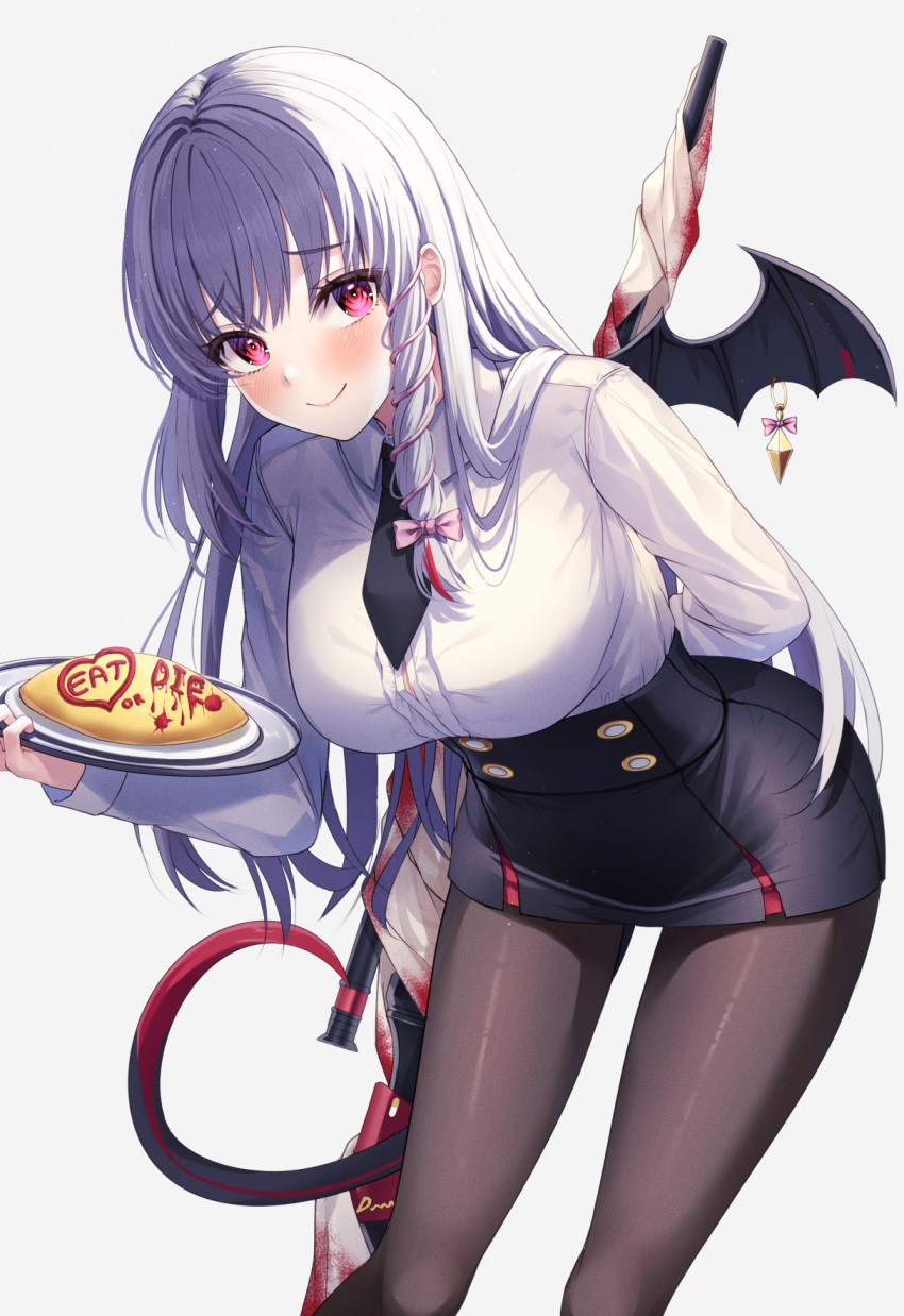 black_necktie black_pantyhose black_skirt blue_archive blush bow breasts closed_mouth food grey_hair hair_bow haruna_(blue_archive) highres holding holding_plate large_breasts long_hair long_sleeves looking_at_viewer necktie omelet omurice pantyhose pink_bow plate primamiya red_eyes skirt smile