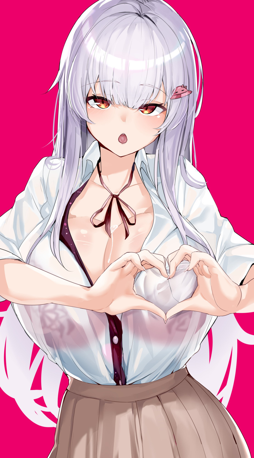 1girl absurdres blush breasts cleavage collarbone commentary heart heart-shaped_boob_challenge heart_hands highres large_breasts long_hair looking_at_viewer maruyaa_(malya1006) open_mouth orange_eyes original solo white_hair