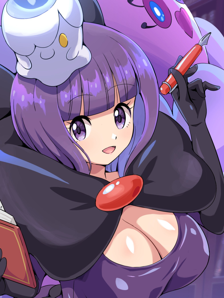 blunt_bangs bob_cut book breasts cleavage fire highres holding holding_book holding_pen jellicent jellicent_(female) large_breasts litwick open_mouth pen pokemoa pokemon pokemon_(creature) pokemon_(game) pokemon_bw purple_eyes purple_fire purple_hair rimless_eyewear round_eyewear shauntal_(pokemon) smile upper_body