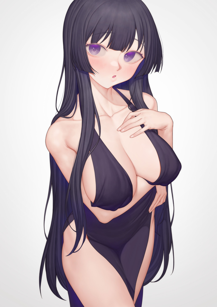 1girl arm_under_breasts bare_shoulders blush breasts cleavage collarbone commentary cowboy_shot dress hand_on_own_chest highres large_breasts long_hair looking_at_viewer ni_(221) open_mouth purple_dress purple_eyes purple_hair sideboob simple_background solo spy_kyoushitsu thea_(spy_kyoushitsu) thighs white_background