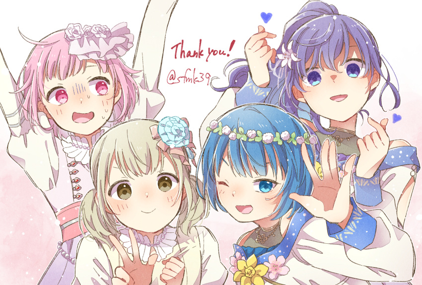 4girls :d ahoge arms_up artist_name asahina_mafuyu azusawa_kohane bead_necklace beads blue_eyes blue_flower blue_hair blush bow closed_mouth collared_dress dot_nose dress flower flower_necklace gradient_background green_eyes hair_bow hair_flower hair_ornament head_wreath heart high_ponytail highres jewelry kiritani_haruka light_brown_hair long_bangs long_sleeves looking_at_viewer multiple_girls necklace one_eye_closed ootori_emu open_hand open_mouth outstretched_arm pink_background pink_eyes pink_hair project_sekai puffy_short_sleeves puffy_sleeves purple_dress purple_eyes purple_hair sa-fu_(sfmk39) sash shirt short_hair short_sleeves short_twintails sidelocks sideways_glance simple_background sleeve_cuffs smile sweatdrop thank_you twintails upper_body v v-shaped_eyebrows waving white_background white_shirt