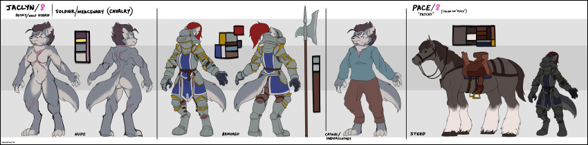 absurd_res anthro armor bridle canid canine canis clothed clothing color_swatch colored digital_media_(artwork) domestic_dog equid equine female feral front_view halberd hi_res horse husky jaclyn_(revertigo) long_image mammal melee_weapon model_sheet nordic_sled_dog nude plate_armor polearm rear_view revertigo saddle scar simple_background solo spitz tabard tack text weapon wide_image wolf