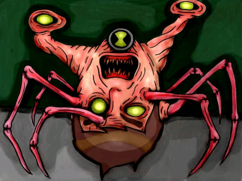 arachnid arthropod ben_10 ben_tennyson brown_hair cartoon_network flesh_creature green_background green_eyes hair horror_(theme) light_body light_skin looking_at_viewer male monster nightmare_fuel no_horny open_mouth sharp_teeth simple_background solo teeth unknown_artist why