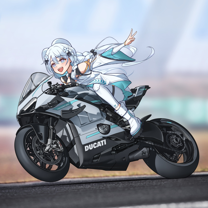 1girl :d absurdres aurora_project black_necktie blue_eyes blue_hair braid day dress ducati hayashi_iro highres light_blue_hair long_hair looking_at_viewer motor_vehicle motorcycle necktie on_motorcycle open_mouth outdoors outstretched_arm pants riding smile solo v virtual_youtuber white_dress white_footwear white_pants wide_sleeves yeong_n_r6