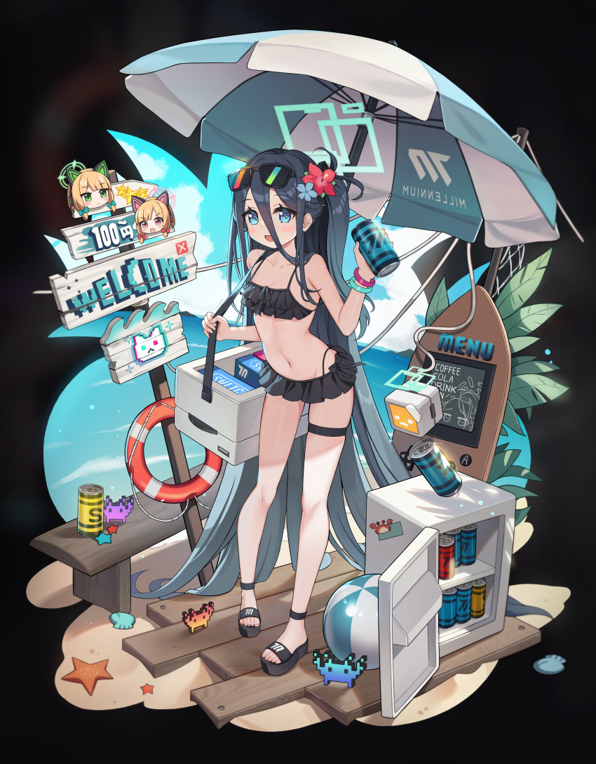 &lt;key&gt;_(robot)_(blue_archive) 1girl absurdly_long_hair absurdres alternate_costume animal_ear_headphones animal_ears aris_(blue_archive) ball beach beachball bikini black_bikini black_hair blue_archive blue_eyes can cat_ear_headphones chalkboard collarbone cooler crab eyewear_on_head fake_animal_ears flower frilled_bikini frills full_body hair_flower hair_ornament halo headphones highres legs lifebuoy long_hair mearyo midori_(blue_archive) momoi_(blue_archive) navel ocean one_side_up pixelated shell soda_can solo_focus star_(symbol) starfish sunglasses swimsuit umbrella very_long_hair yuzu_(blue_archive)