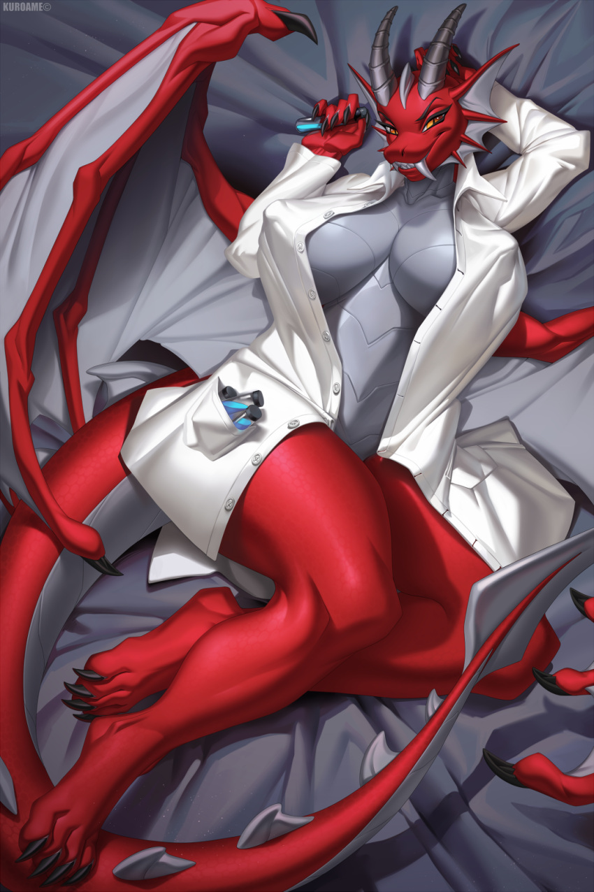 anthro big_breasts breasts cleavage clothed clothing coat curvy_figure dragon female frill_(anatomy) grey_markings head_crest head_frill hi_res horn hourglass_figure huge_breasts kuroame lab_coat lying markings membrane_(anatomy) membranous_wings on_back red_body red_scales scales scalie solo spade_tail tail teeth thick_thighs topwear wing_claws wings