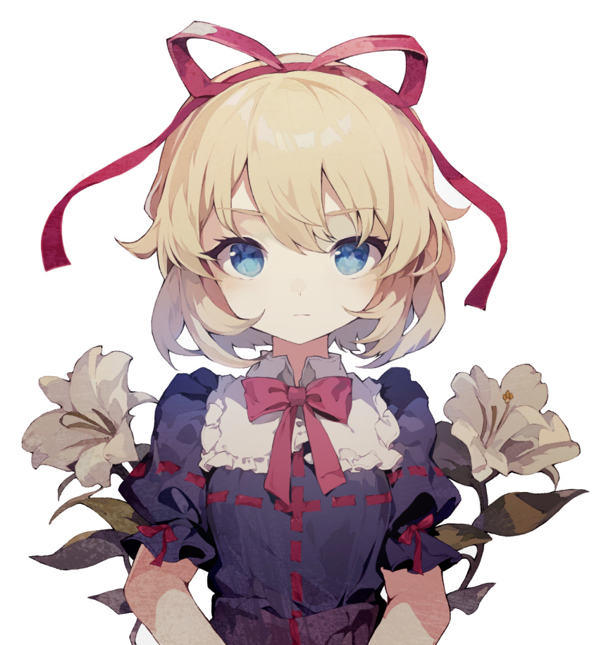 1girl black_shirt blonde_hair blue_eyes closed_mouth collared_shirt flower frilled_sleeves frills hair_between_eyes hair_ribbon highres looking_at_viewer medicine_melancholy red_ribbon ribbon sato_imo shirt short_hair short_sleeves simple_background solo touhou upper_body white_background white_flower