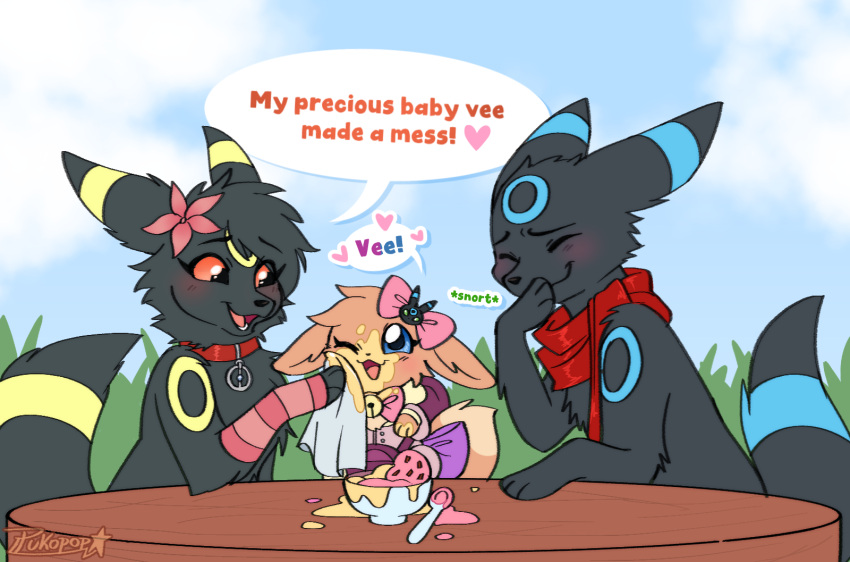 abby_(umbreon) baby black_body bow_ribbon brown_body collar daughter_(lore) daww dessert eevee eeveelution eyes_closed family father_(lore) female feral flower food furniture generation_1_pokemon generation_2_pokemon giggling gracie_(sweetcupcake) group hi_res ice_cream kurai_(kuraibre) male mother_(lore) napkin nintendo outside parent_(lore) plant pokemon pokemon_(species) pukopop red_eyes scarf sky smile speech_bubble table trio umbreon young