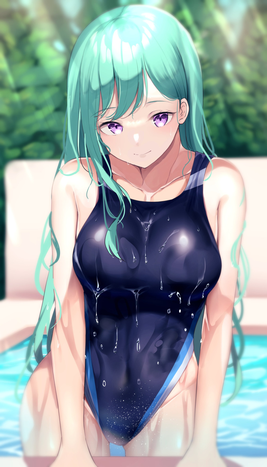 1girl absurdres aqua_hair arm_support black_one-piece_swimsuit blurry blurry_background breasts covered_navel day dripping green_hair hair_behind_ear highleg highleg_swimsuit highres kairi_(miry666) large_breasts light_rays light_smile long_hair looking_at_viewer one-piece_swimsuit outdoors pool purple_eyes solo swept_bangs swimsuit tree very_long_hair virtual_youtuber vspo! water wet wet_clothes yakumo_beni