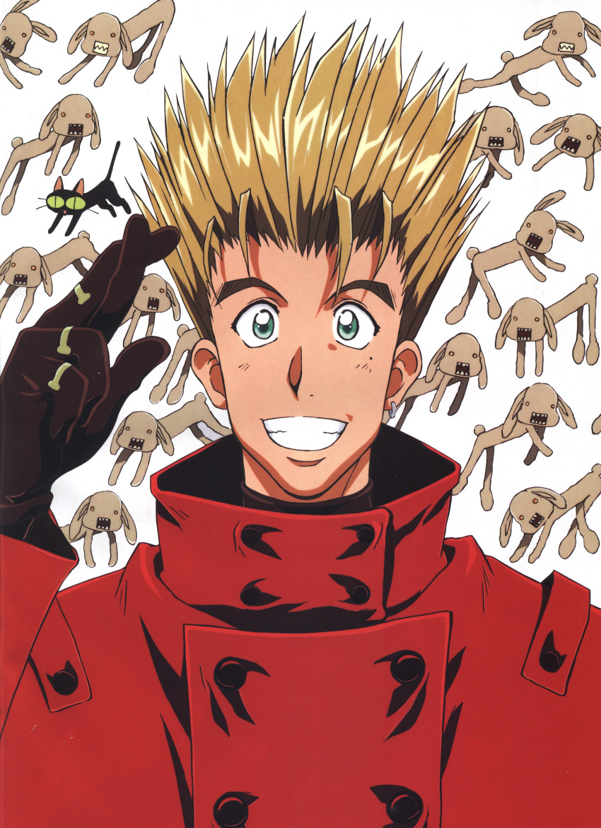 1boy absurdres black_cat black_gloves blonde_hair cat coat earrings gloves green_eyes happy highres jewelry kuroneko_(trigun) male_focus mole mole_under_eye official_art red_coat salute single_earring solo teeth trigun vash_the_stampede white_background