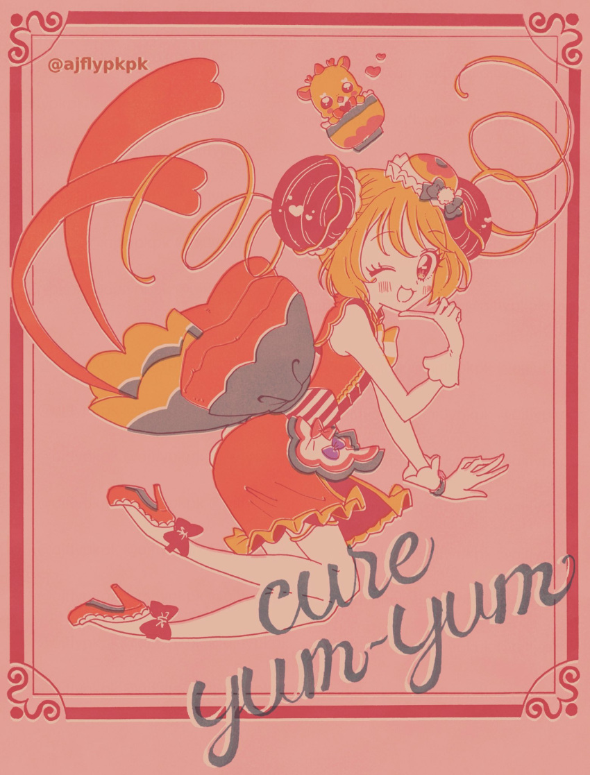 1girl aji_fry ankle_bow back_bow blonde_hair bow bun_cover commentary_request cone_hair_bun cure_yum-yum delicious_party_precure dress gloves hair_bun hanamichi_ran heart highres huge_bow looking_at_viewer magical_girl mem-mem_(precure) one_eye_closed open_mouth orange_dress orange_footwear precure red_eyes smile triple_bun white_gloves