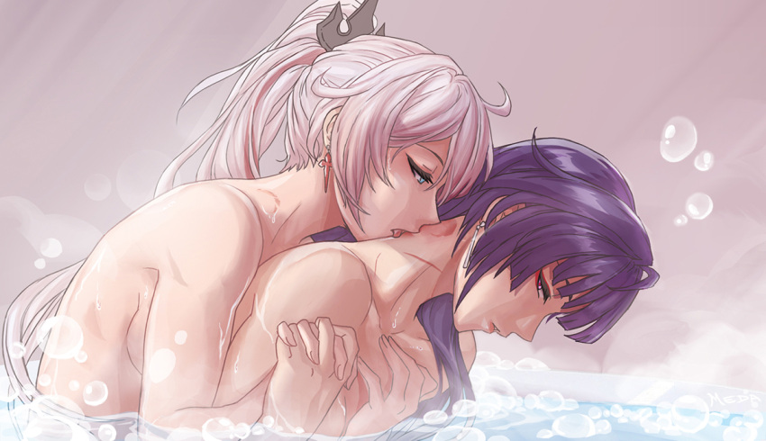 2girls bath blue_eyes blunt_bangs bruise completely_nude couple cross cross_earrings earrings eyeliner eyeshadow from_side hair_ornament half-closed_eyes high_ponytail hime_cut holding_hands honkai_(series) honkai_impact_3rd hug hug_from_behind injury interlocked_fingers jewelry kiana_kaslana kiana_kaslana_(herrscher_of_flamescion) leaning_on_person licking licking_neck long_hair looking_at_another looking_back makeup midmenagerie multicolored_hair multiple_girls nude parted_lips partially_submerged pink_eyes profile purple_hair raiden_mei scar shared_bathing sidelocks simple_background soap_bubbles steam streaked_hair tongue tongue_out upper_body wet white_hair yuri