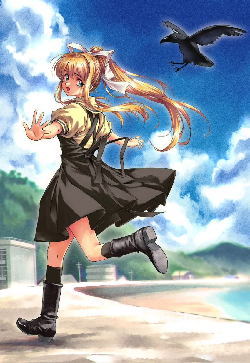 1girl air_(visual_novel) beach bird black_dress black_footwear black_socks blonde_hair blue_eyes blue_sky building cloud commentary_request crow day dress from_behind full_body hair_ribbon highres kamio_misuzu long_hair longmei_er_de_tuzi looking_back mountain open_mouth outdoors ponytail puffy_sleeves ribbon school_uniform shirt short_sleeves sky socks sora_(air) yellow_shirt