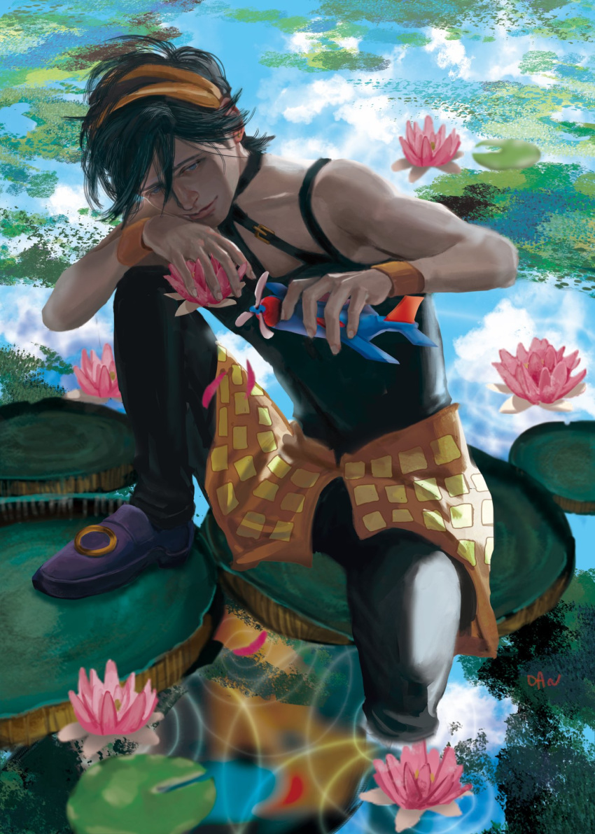 1boy bare_shoulders black_hair blue_eyes commentary_request danart14020 feet flower flower_knot hairband highres holding jojo_no_kimyou_na_bouken legs lily_pad looking_at_object lotus_leaf narancia_ghirga outdoors pants pink_flower realistic short_hair skirt smile solo toy toy_airplane vento_aureo water water_lily_flower wristband