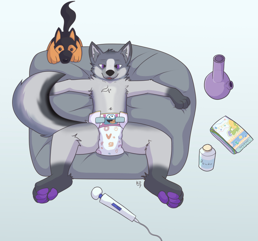 absurd_res anthro baby_powder bean_bag bong canid canine canis clean_diaper clothed clothing diaper diaper_only drug_paraphernalia drug_usage drugs feet fur furniture hi_res infantilism kinkojom lying male mammal marijuana nude on_back open_mouth plushie relaxing sex_toy simple_background smile solo substance_intoxication tail topless vibrator wearing_diaper wolf