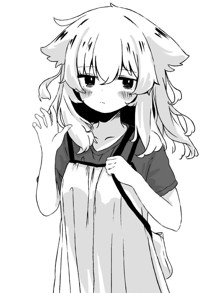 1girl absurdres animal_ears aoi_tori blush_stickers breasts closed_mouth dress greyscale hair_between_eyes hands_up highres long_hair monochrome original shirt short_sleeves simple_background sleeveless sleeveless_dress small_breasts solo white_background