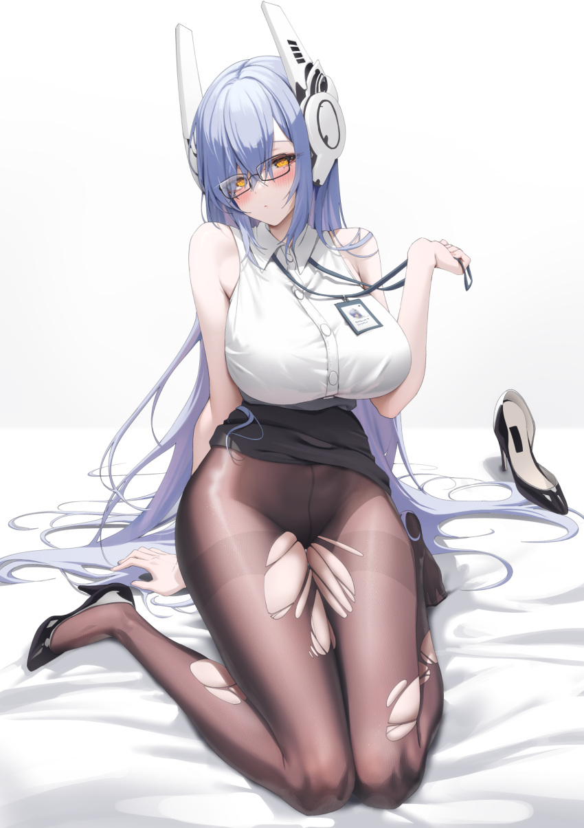 1girl alpha_(ypalpha79) alternate_costume bare_arms bare_shoulders black_skirt blue_hair blush breasts closed_mouth commission full_body girls'_frontline glasses high_heels highres large_breasts long_hair looking_at_viewer office_lady pantyhose pixiv_commission shirt skirt solo tar-21_(girls'_frontline) thighs torn_clothes torn_pantyhose very_long_hair white_shirt yellow_eyes