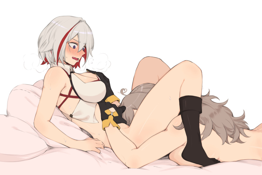 2girls black_gloves black_socks blush breasts from_side gloves grabbing grabbing_another's_breast grey_hair hair_between_eyes highres honkai:_star_rail honkai_(series) implied_cunnilingus knees_up large_breasts long_hair lying multicolored_hair multiple_girls on_back on_stomach open_mouth purple_eyes red_hair sheet_grab short_hair socks soulnark stelle_(honkai:_star_rail) topaz_(honkai:_star_rail) trailblazer_(honkai:_star_rail) yuri