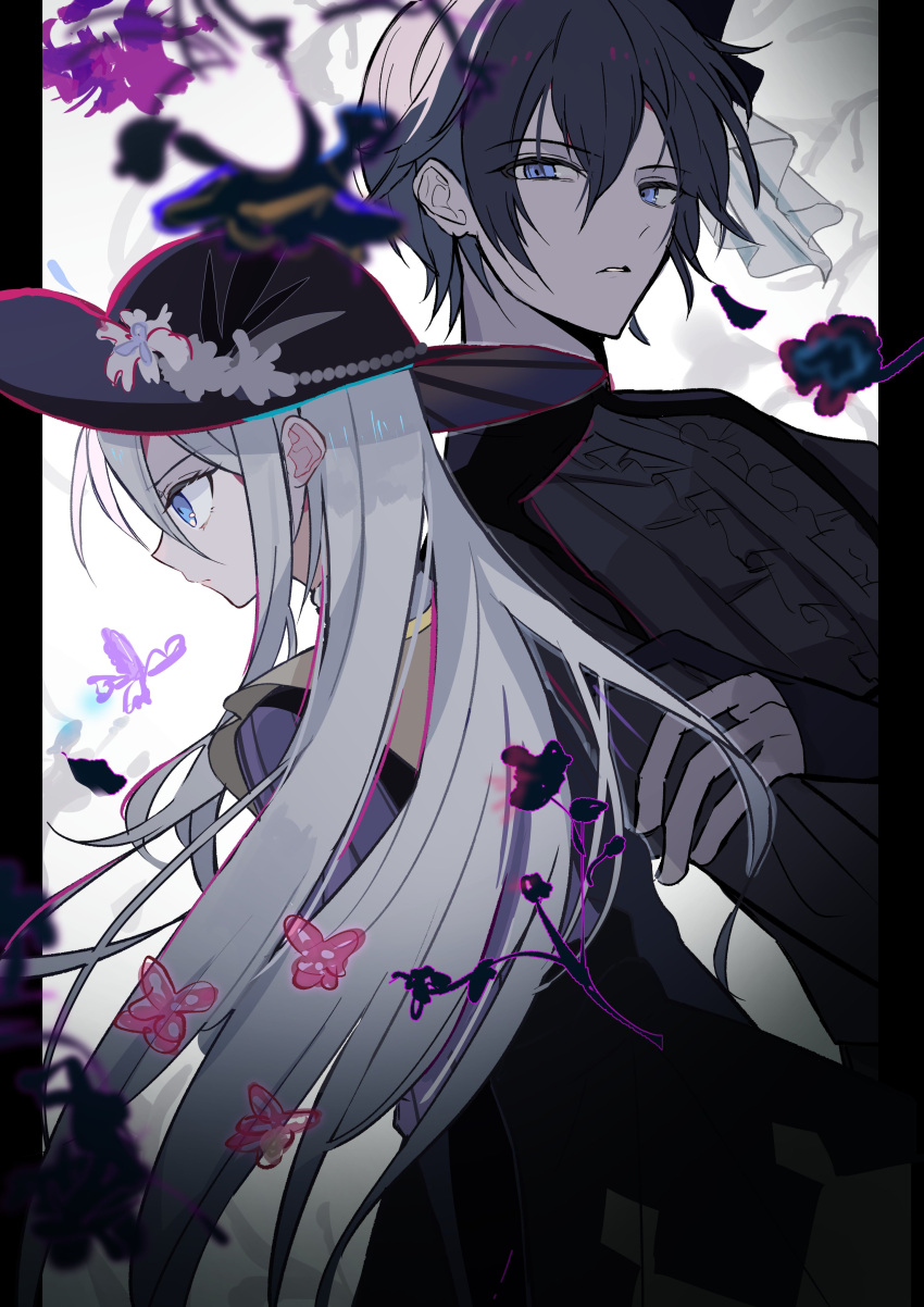 1boy 1girl 25-ji_kaito absurdres black_flower black_headwear black_theme blue_eyes blue_hair bug butterfly collared_shirt commentary dark_blue_hair flower grey_hair highres immiscible_discord_(project_sekai) kaito_(vocaloid) long_hair long_sleeves looking_at_viewer official_alternate_costume project_sekai psychedelic purple_butterfly samsa_(vocaloid) shirt short_hair upper_body utakapen very_long_hair vocaloid yoisaki_kanade