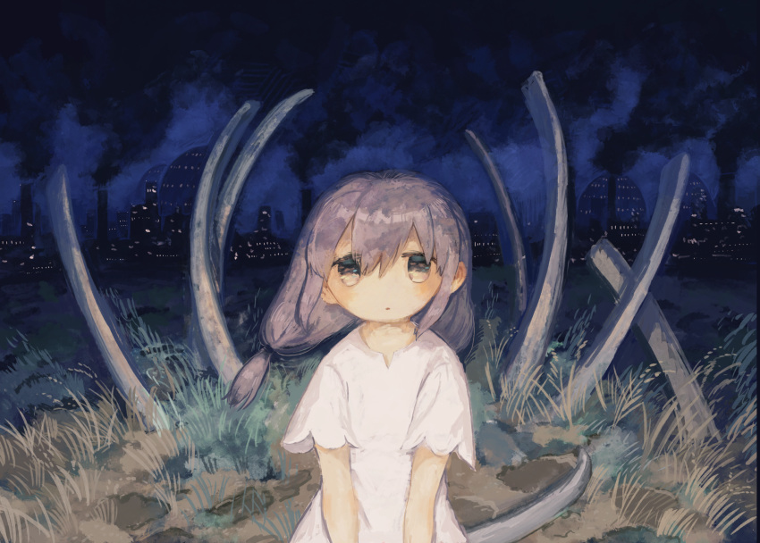 1girl blue_sky brown_eyes chimney cowboy_shot dress grass grey_hair highres kezuru long_hair looking_at_viewer low_twintails night original outdoors parted_lips short_sleeves sky smoke solo straight-on twintails white_dress