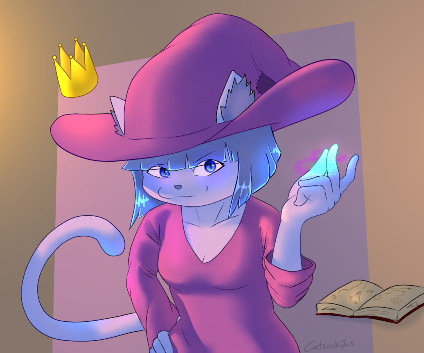 blue_body blue_eyes book breasts casting_spell cat_witch_(smekbo) catsockjus clothing crown felid feline female glowing_finger hat headgear headwear inner_ear_fluff looking_at_viewer magic_user malicious mammal purple_clothing simple_background solo tail tuft witch witch_hat