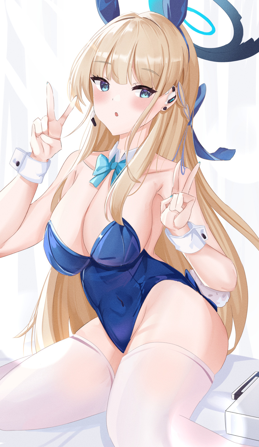 1girl :o absurdres alternate_breast_size animal_ears bare_shoulders blonde_hair blue_archive blue_bow blue_eyes blue_hairband blue_leotard bow bowtie braid breasts collarbone detached_collar double_v ear_piercing earpiece fake_animal_ears hairband halo highleg highleg_leotard highres kuro_(blackpgmickey) large_breasts leotard long_hair microphone official_alternate_costume official_alternate_hairstyle piercing playboy_bunny rabbit_ears rabbit_tail sitting tail thighhighs thighs toki_(blue_archive) toki_(bunny)_(blue_archive) v very_long_hair white_thighhighs wrist_cuffs