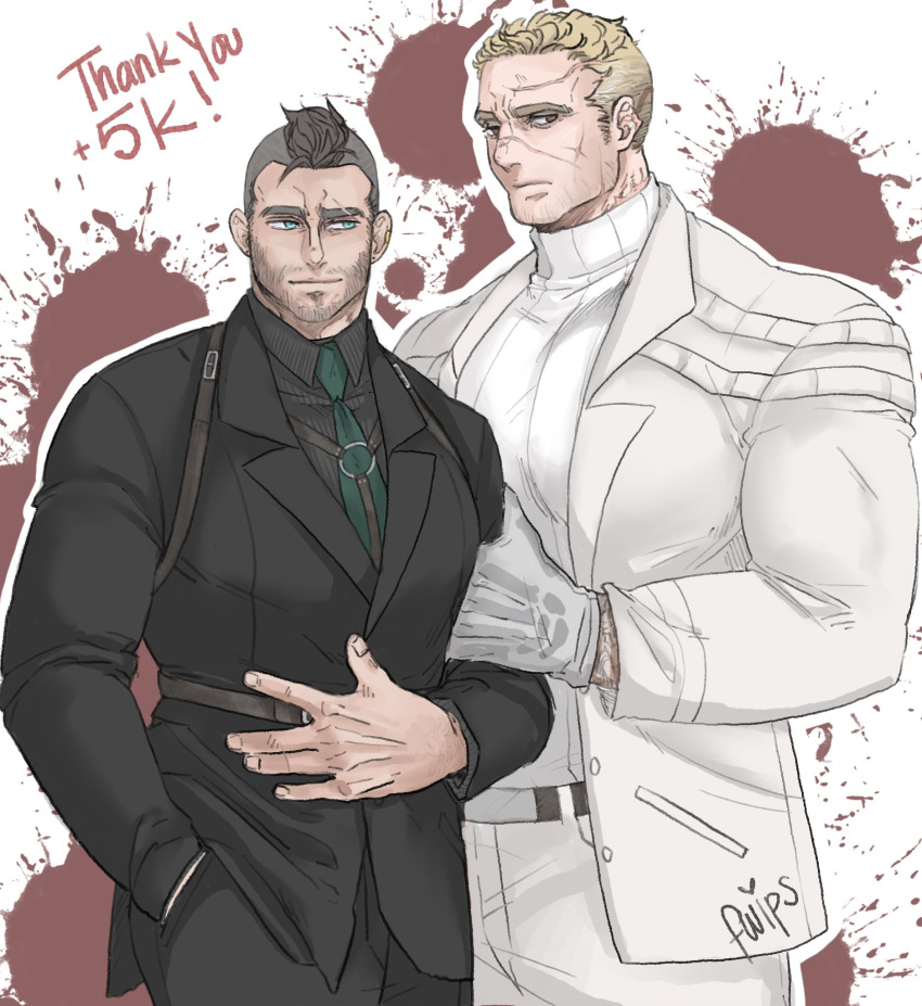 2boys bara beard_stubble black_hair black_suit blonde_hair call_of_duty call_of_duty:_modern_warfare_2 chii_(fwipsart) couple feet_out_of_frame ghost_(modern_warfare_2) height_difference highres huge_pectorals husband_and_husband male_focus mature_male milestone_celebration multiple_boys muscular muscular_male mustache_stubble necktie no_mask scar short_hair smile soap_(modern_warfare_2) sparse_stubble standing suit thick_eyebrows undercut white_suit yaoi