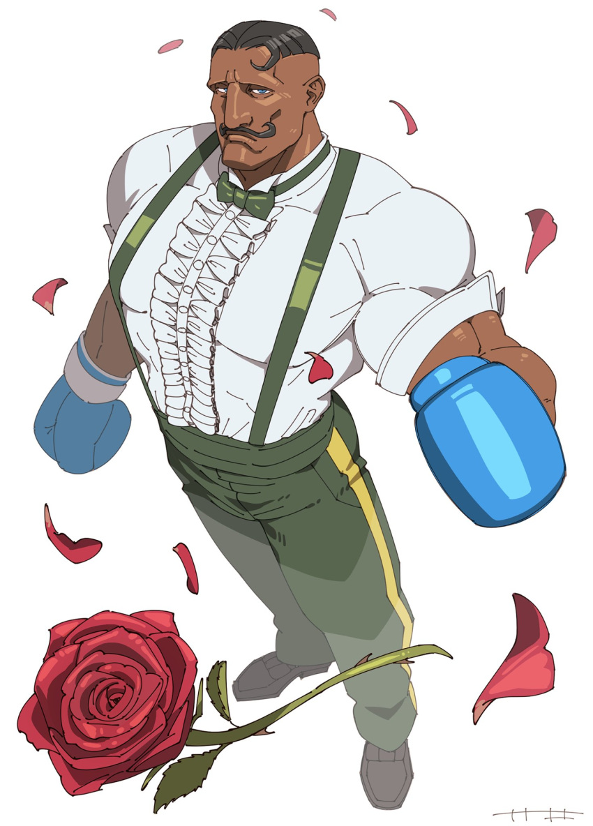 1boy bara black_hair blue_eyes blue_gloves bow bowtie boxing_gloves dark-skinned_male dark_skin dudley facial_hair falling_petals flower frilled_shirt frills full_body gloves green_bow green_bowtie green_pants handlebar_mustache highres large_pectorals looking_at_viewer male_focus mature_male muscular muscular_male mustache no_eyebrows pants pectorals petals red_flower red_rose rose rose_petals sa1k0p shirt short_hair street_fighter street_fighter_6 undercut very_dark_skin white_background white_shirt